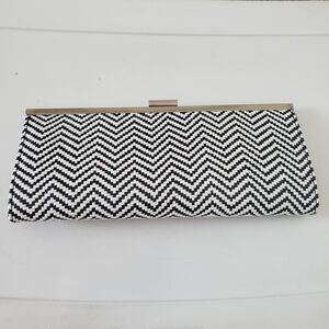 Style & Co. Black White Chevron Woven Clutch Bag Purse Silver Frame
